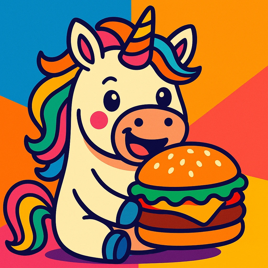 unicorn with a hamburger, colorful, cheerful, vibrant toon style emoji