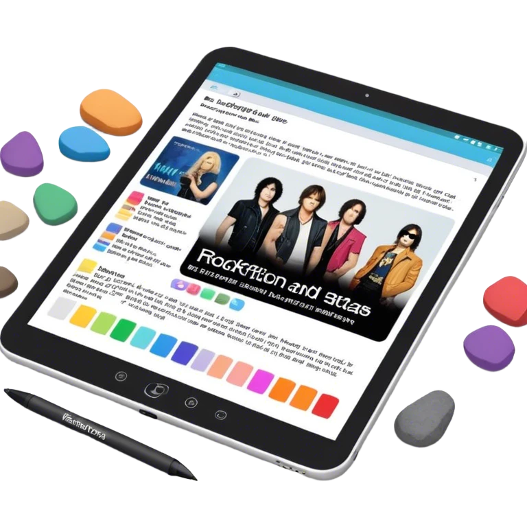 Create an emoji representing fanfiction writing. The design should feature a tablet with a screen displaying images of rock and movie stars, symbolizing the inspiration from popular culture. Next to the images, there should be visible text representing the fanfiction being written. A stylus should be placed near the tablet to emphasize the act of writing. Use a creative and expressive color palette with vibrant and neutral tones. Do not include any emojis or smiley faces. Make the background transparent. emoji