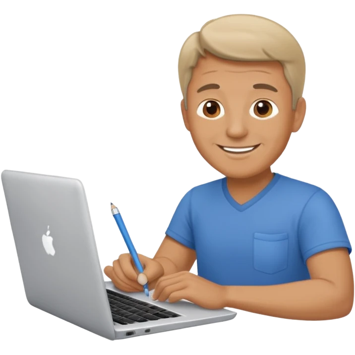 middle aged man looking at laptop and writing and smiling emoji