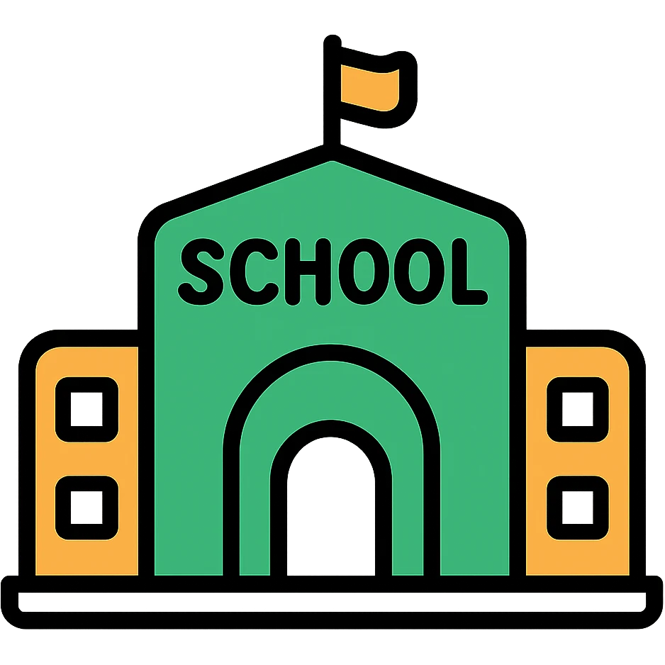 school building, modern look, green gold and white color scheme, rounded shapes, simple design emoji