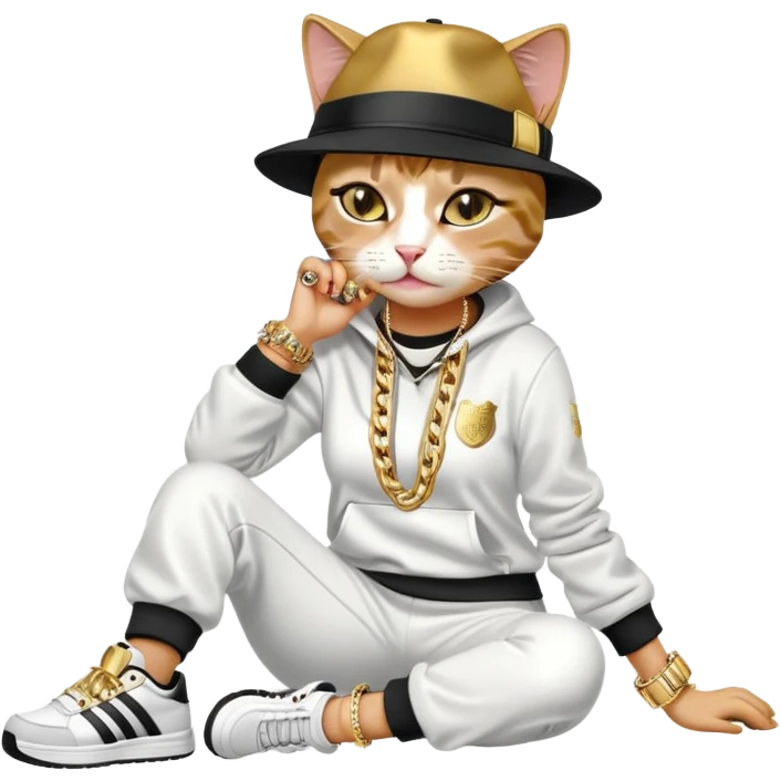 female cat lying down horizontally on the ground, crying, wearing Run DMC hip-hop outfit with tracksuit, fedora, Adidas sneakers, many gold chains, rings, bracelets, flashy earrings, no sunglasses emoji
