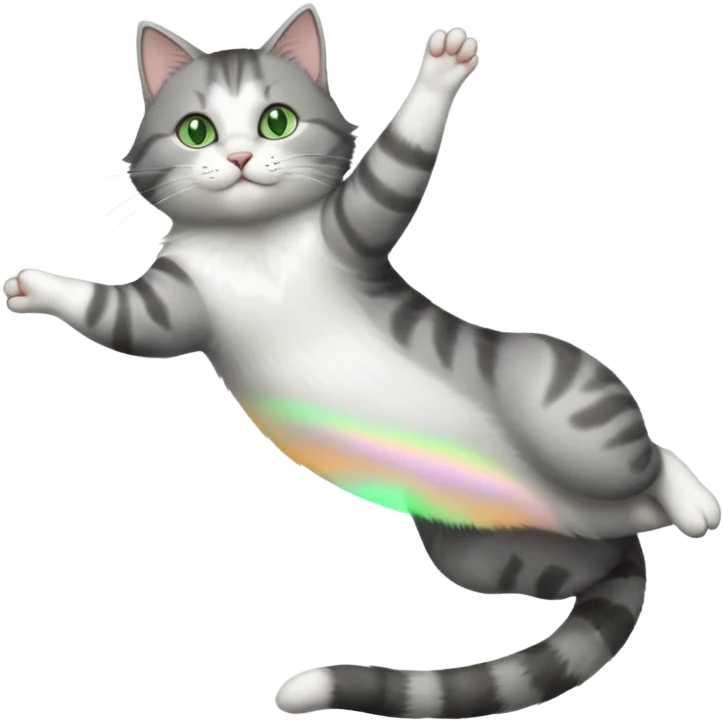 grey and white cat with green eyes doing a big extremely long stretch reaching up into the air with arms and legs side by side together straight and overextended whilst lying on its side emoji