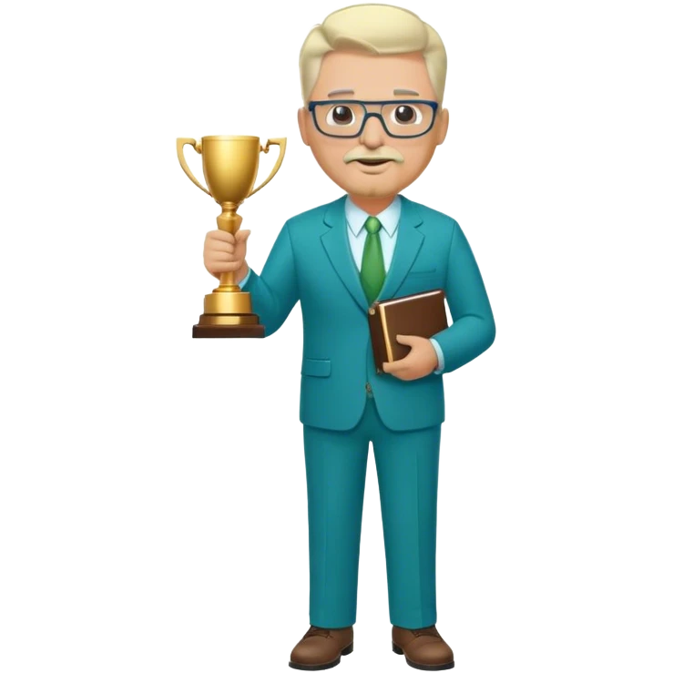 Full Body white middle aged male plus size wearing glasses with a goatee with light blonde and gray very short hair basketball head Coach in blue and green suit holding trophy emoji