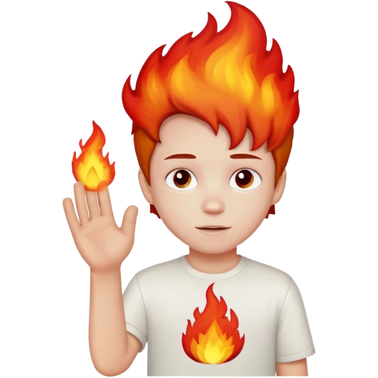 A boy with no hands fire instead made out of red fire and the boy is wearing a white shirt that has a sign that says FIRE CREATOR  emoji
