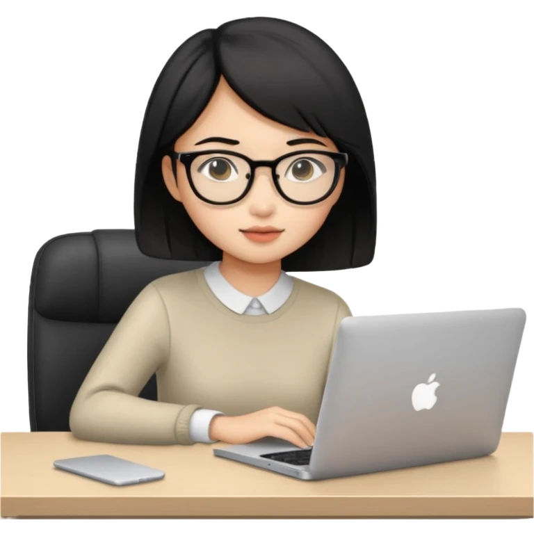 Asian girl with black short hair sitting at desk with Mac laptop emoji