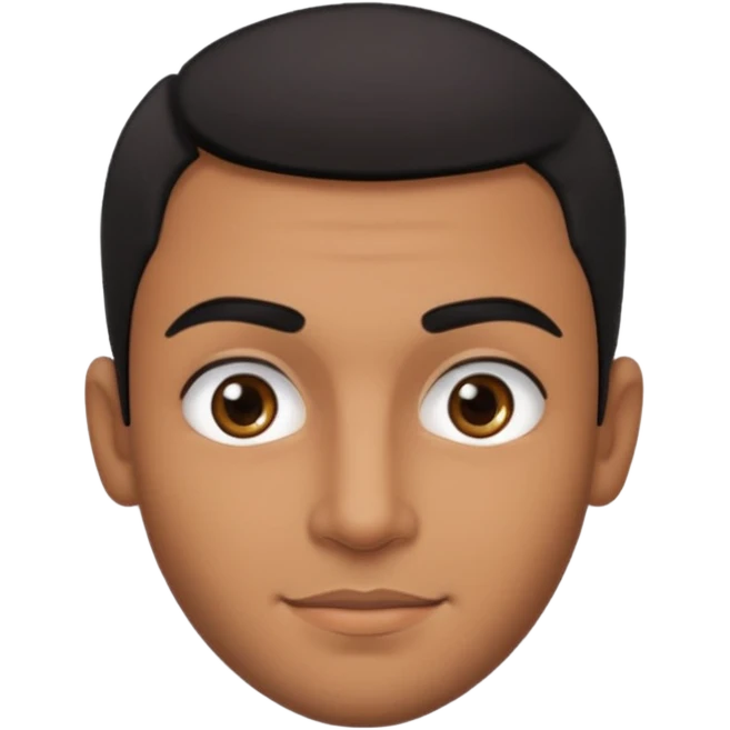 Dark olive skin man, center rised eyebrows, very light smile so that lips are very close to liner and horizontal, some how liner and small eyes emoji