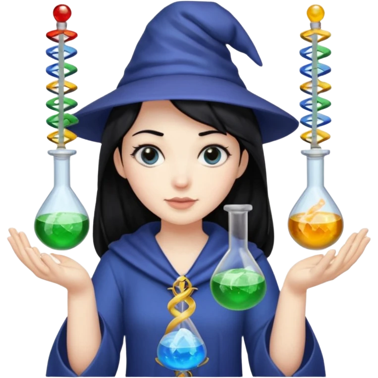Female wizard with black hair holding a double helix DNA one hand and a methyl group in the other emoji