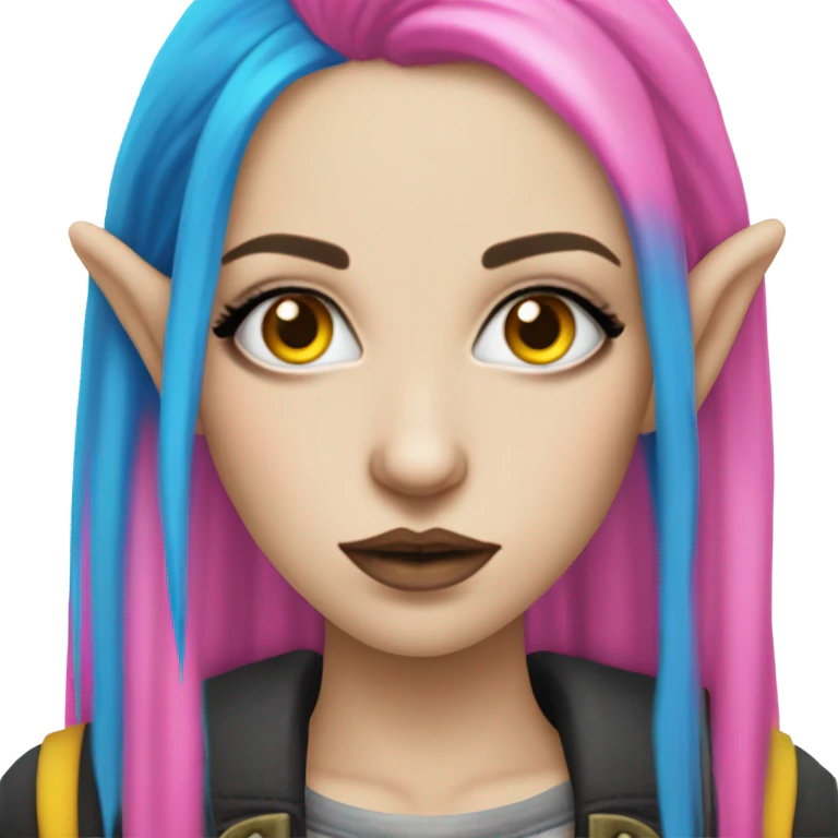 Blue eyed long eye lashes pout blonde and pink hair pale hime gyaru girl, hot pink and yellow split-dyed hair, nose ring, elf ears, dark makeup, punk clothes emoji