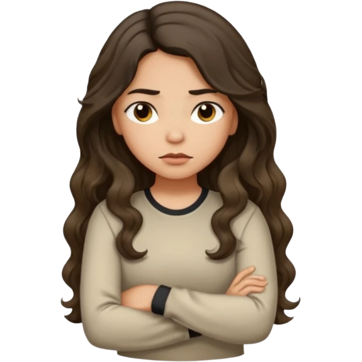 Hispanic light tan girl with long dark wavy hair with arms folded and pouting. Wearing a long sleeve. Hair with middle part. emoji