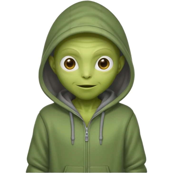 green alien in gray hoodie full height, wear hoodie hat, happy emoji