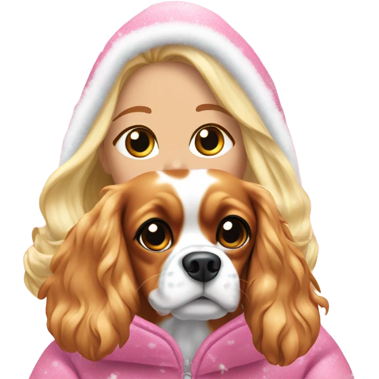 Blond in pink sparkly snow suit holding a cavalier King Charles while it’s snowing emoji