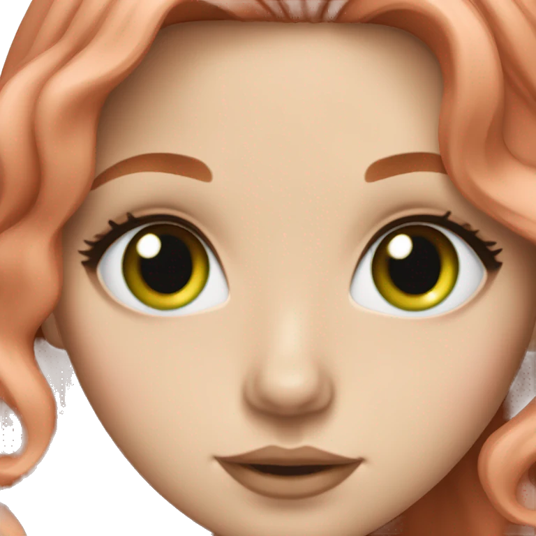 white girl with long wavy light red hair and green eyes, lashes, pink lipstick emoji