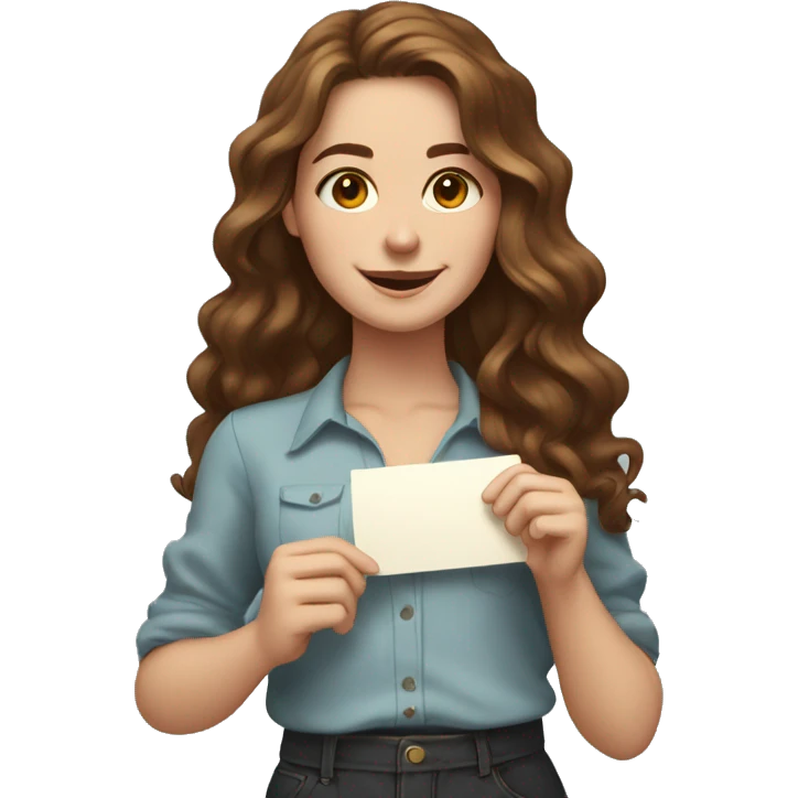 a young woman with wavy long brown hair. She has a friendly expression and is holding several ornate card emoji