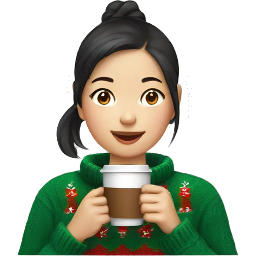 asian girl drinking coffee wearing Christmas sweater emoji