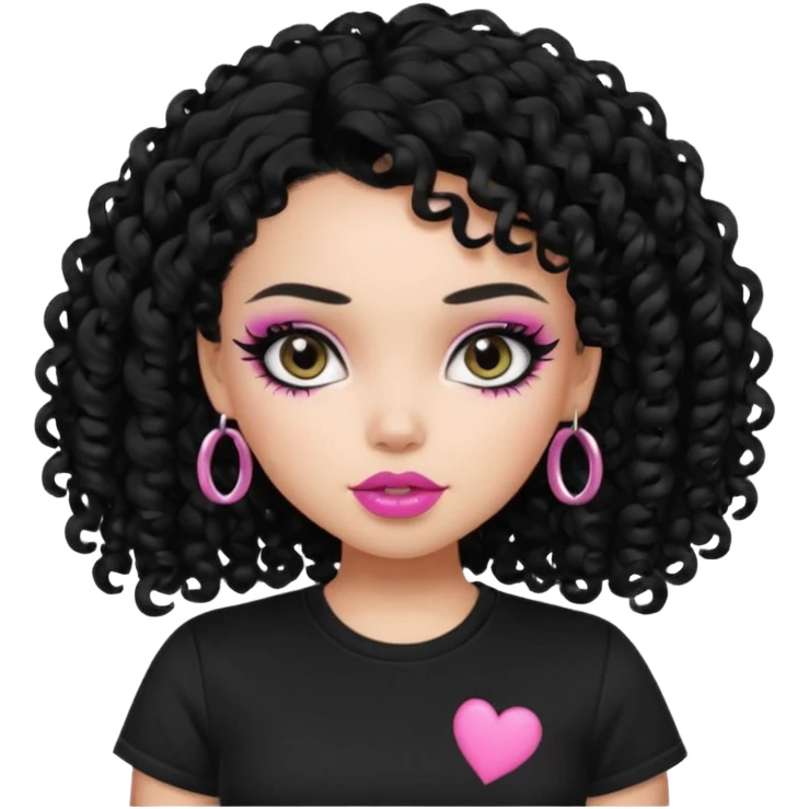 a pretty bratz girl with curly black hair, eyeliner, wearing a black tshirt emoji