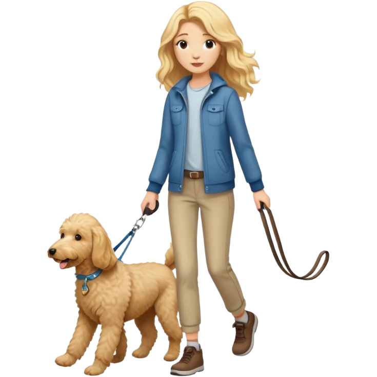 girl with long blonde hair with casual outfit walking a goldendoodle on a leash emoji