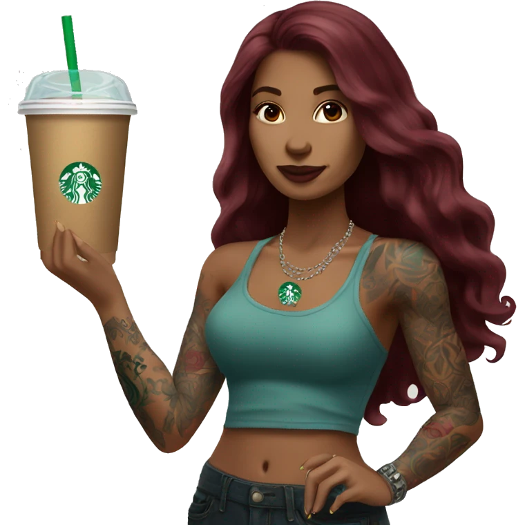 Beautiful tattooed  burgundy long haired woman holding a Starbucks drink emoji