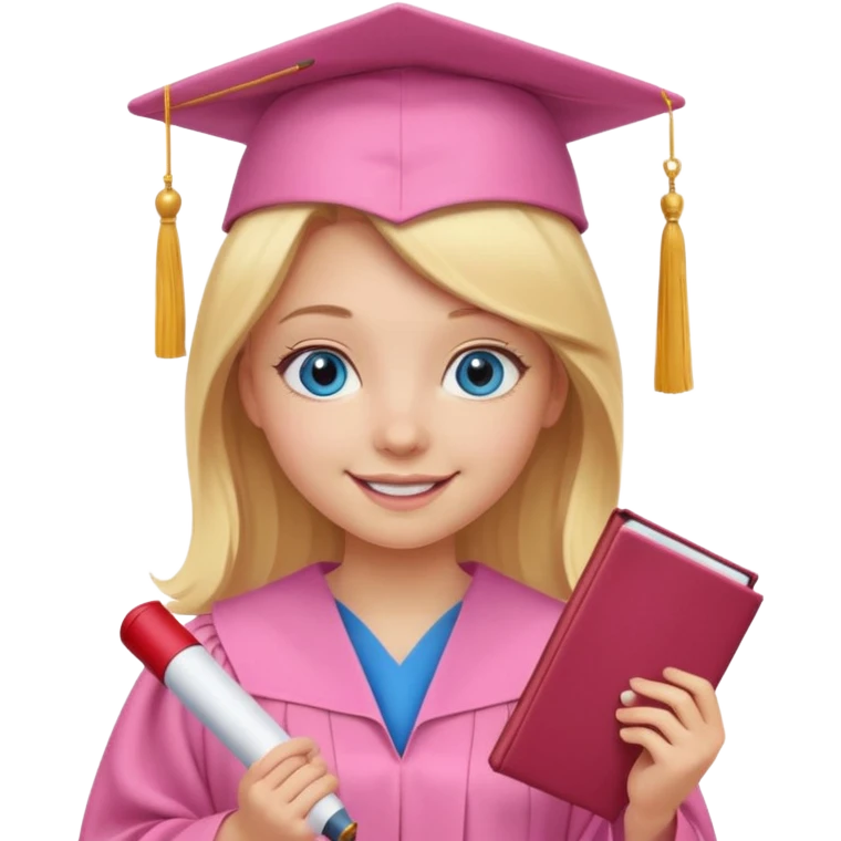 blonde girl with blue eyes in a pink graduation cap and gown, smiling, holding diploma emoji