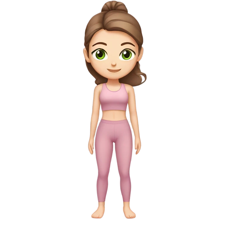 White girl with brown hair green eyes in light pink workout set on yoga mat emoji