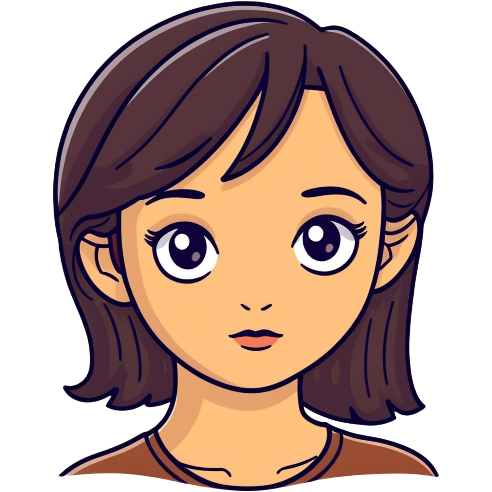 woman face with big eyes, medium skin tone, and dark hair emoji