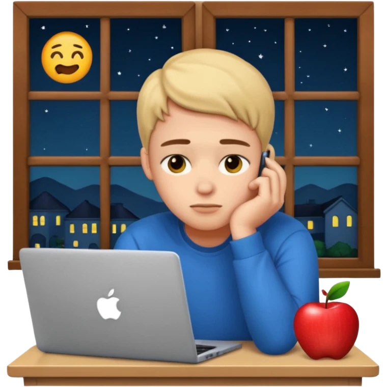 tired student with laptop, window at night behind, head resting on hand, apple style emoji emoji