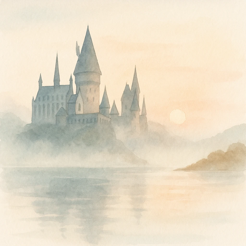 Harry Potter series, Hogwarts castle at sunrise with mist over the lake, watercolor art style emoji