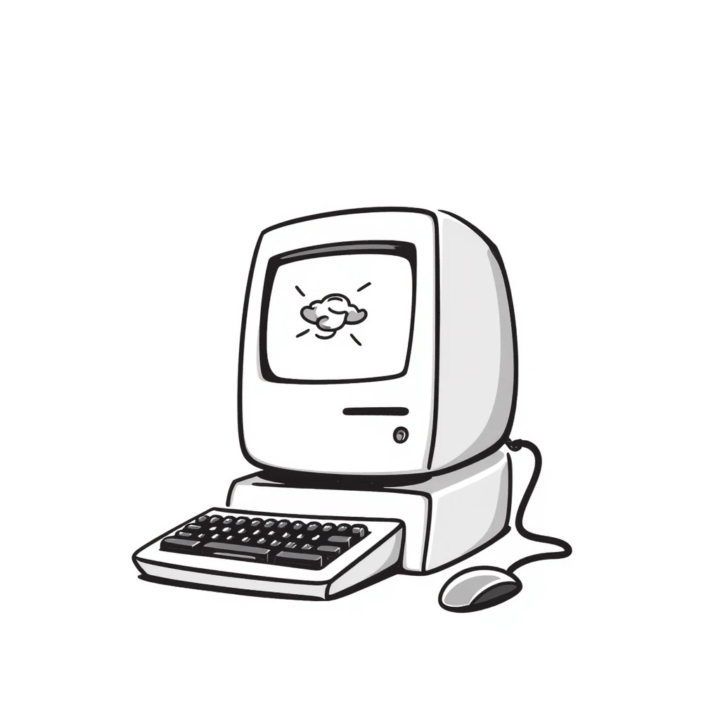 Pixel art style old Macintosh computer, simple monochrome linework emoji