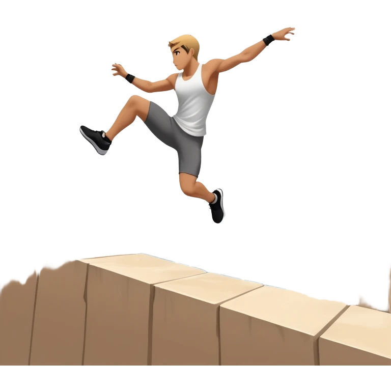 A person performing a parkour move, leaping between buildings or scaling a wall with agility and precision. The scene captures dynamic motion, showcasing strength, flexibility, and the thrill of urban acrobatics against an urban cityscape backdrop. emoji