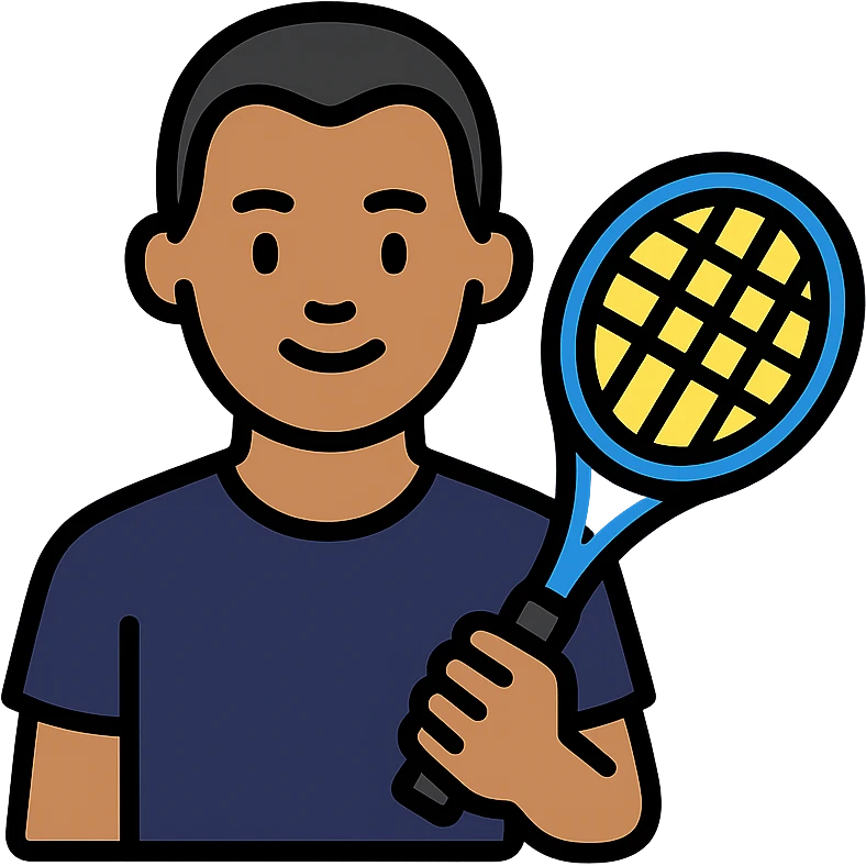 light brown skinned male tennis coach, short straight black hair with widow's peak, oval face, small eyes, smiling, holding blue Yonex tennis racket, wearing dark navy blue dry fit shirt emoji