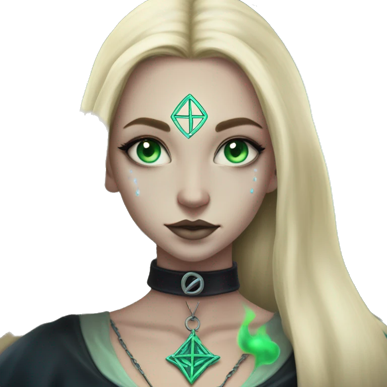 blonde witch girl with green eyes and straight hair with a birthmark above her upper lip wearing a pendative with a pentacle with a small blue stone inside doing tarot spread  emoji