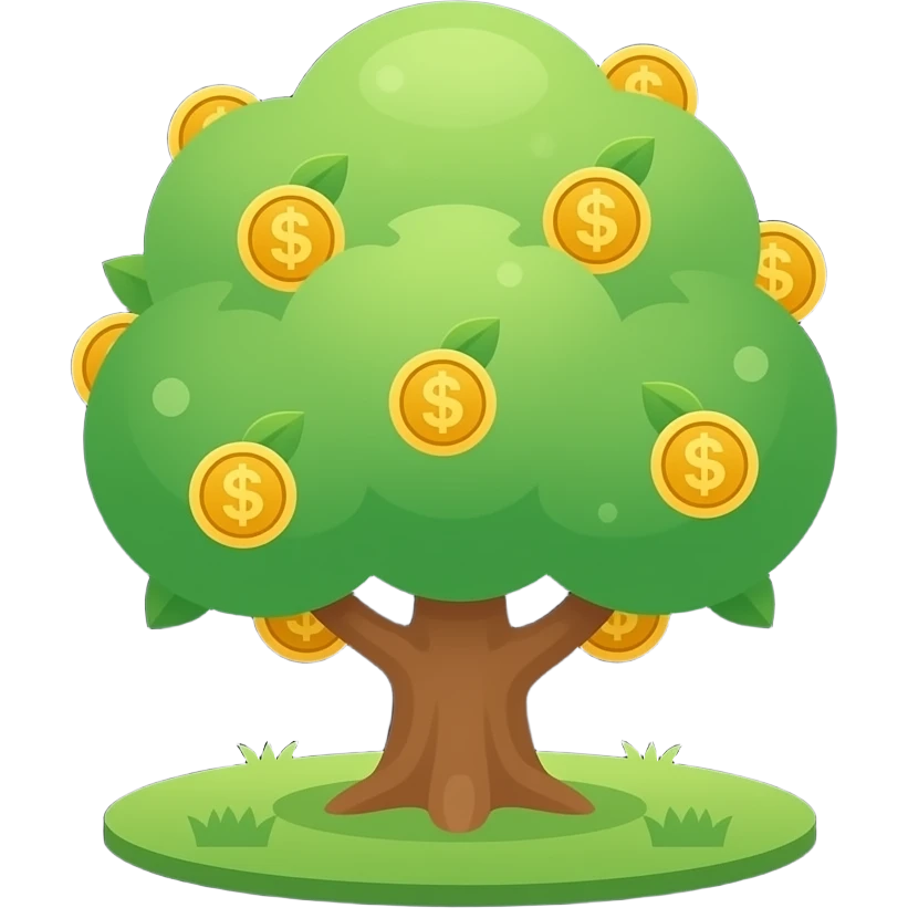 Apple-style money tree, round soft green canopy. No pot, no ground — only the tree. Small gold coins as fruits inside the leaves. Flat 2D vector, clean shapes, no gradients. Dark near-black background, premium fintech icon. emoji