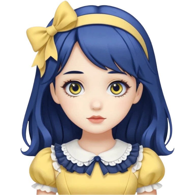 sweet lolita with dark blue hair, gray eyes, white skin, wearing a yellow dress emoji