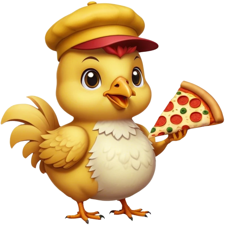 Pollito de color amarillo con un sombrero  agarrando un pedazo de pizza emoji