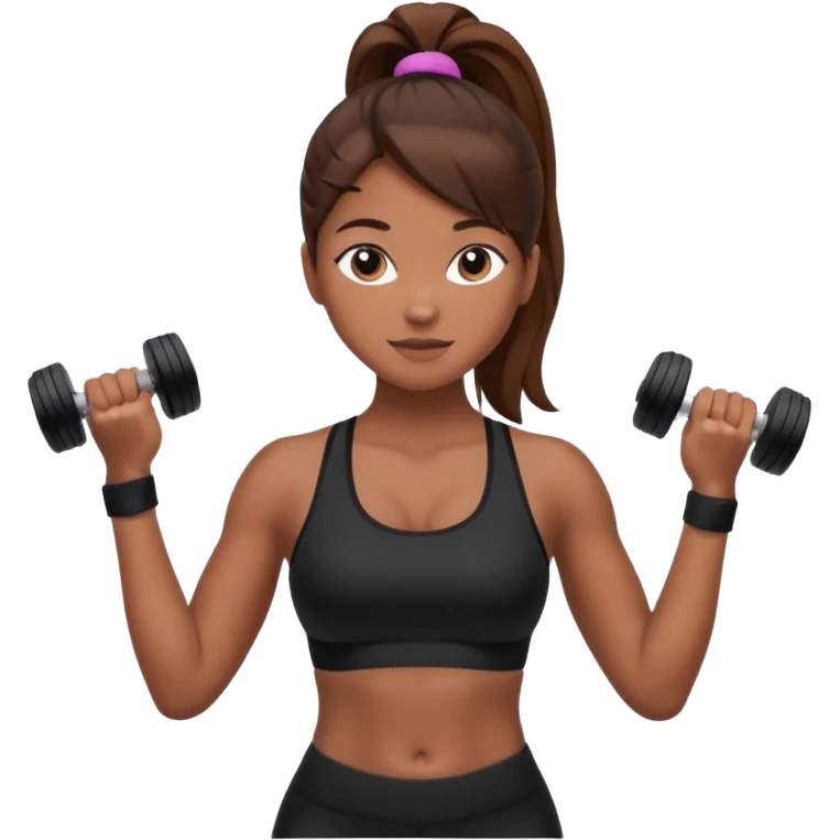beautiful girl with brown hairs in sport wear in her hands is dumbbells emoji