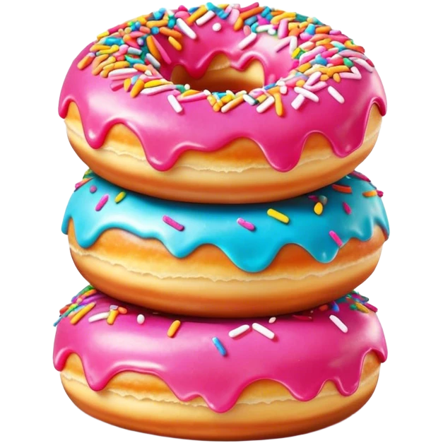 Cinematic fluffy donuts, perfectly golden and dusted with powdered sugar, vibrant icing with sprinkles, stacked in a playful arrangement, soft glowing highlights, warm and inviting. emoji