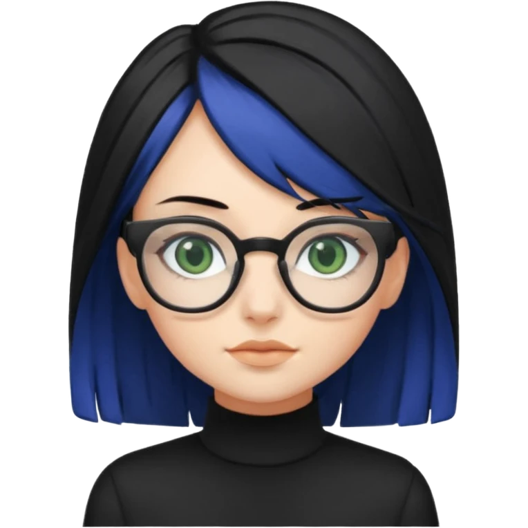 A girl with black-blue hair, square glasses and dark green eyes, wearing black clothes  emoji