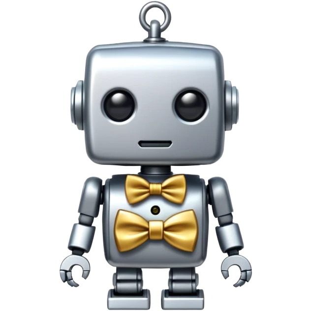 A tiny decorative robot charm with a bow tie, representing a non-essential AI accessory emoji