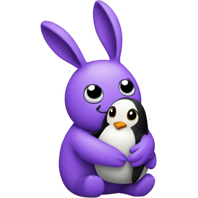 Purple bunny with floppy hugging a penguin emoji