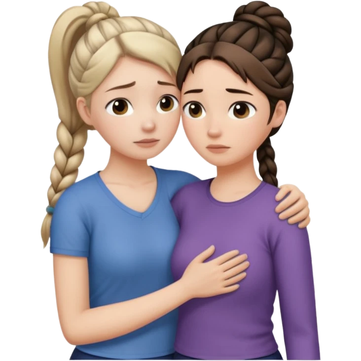 Comforting Hug two white skin women, one shorter woman with brown simple top ponytail, not braided, and one taller sad woman with a single long black side braid emoji