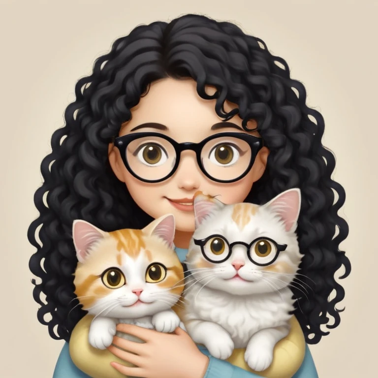 A girl with a round face and warm yellow-toned skin, sporting long black curly hair and large eyes accentuated by black thin-framed square-round glasses, smiles softly while holding a grayish-white Munchkin cat with short legs. The cat features a distinctive gray spot just below its mouth.  emoji