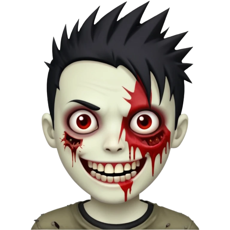 zombie boy withemo spiky hair, white skin, and white eyes; an open smile, and bloodied teeth; emoji