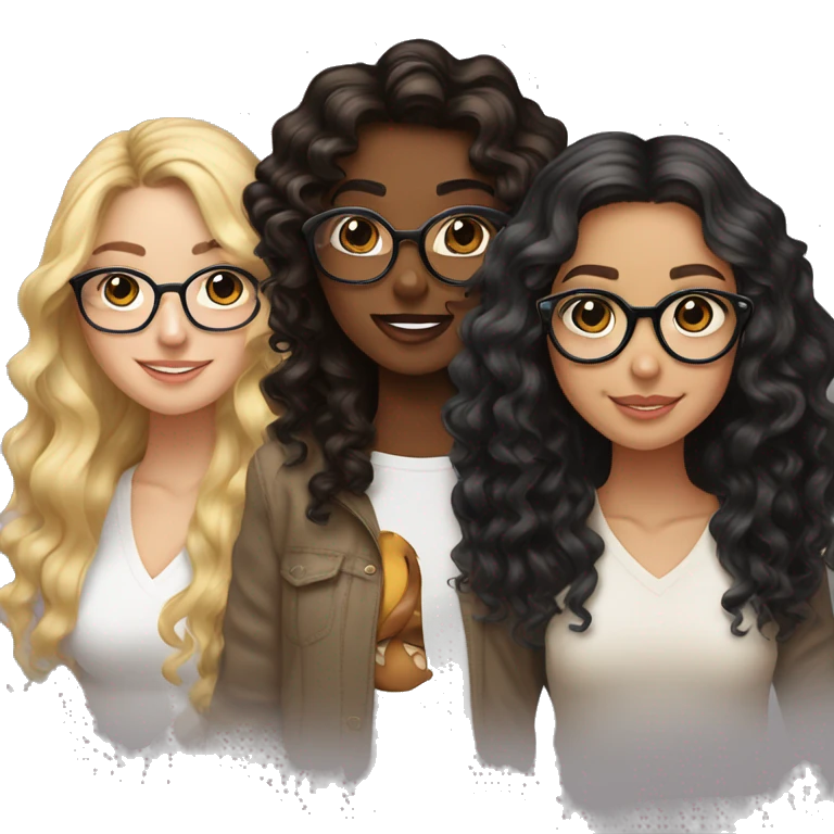Three best friends, one curly black wavy hair with glasses, another one medium long brown hair with glasses, the other one balayage blonde  emoji