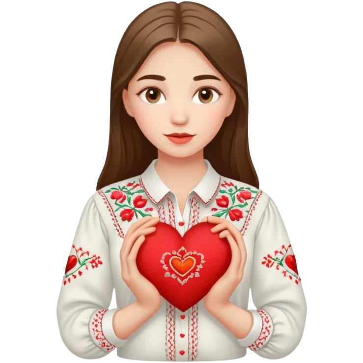 beautiful young girl in a white Ukrainian embroidered shirt clutching a large embroidered heart emoji