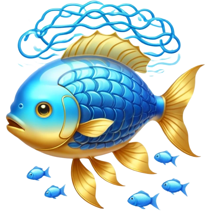 Ethereal golden fish swimming around a glowing brain, with omega-3 capsules floating between them. Flowing streams of luminous energy connect the fish, brain and omega symbol, all radiating with a soft golden light in a dreamy blue aura. emoji
