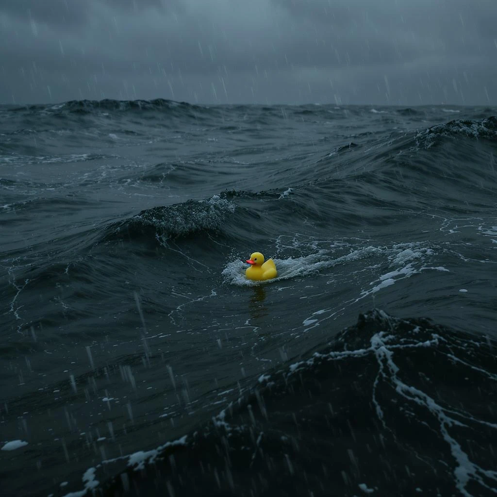  Extreme Closeup shot of Yellow duck toy on ocean during cloudy day, stormy sea, Camera from top, inspired by interstellar emoji