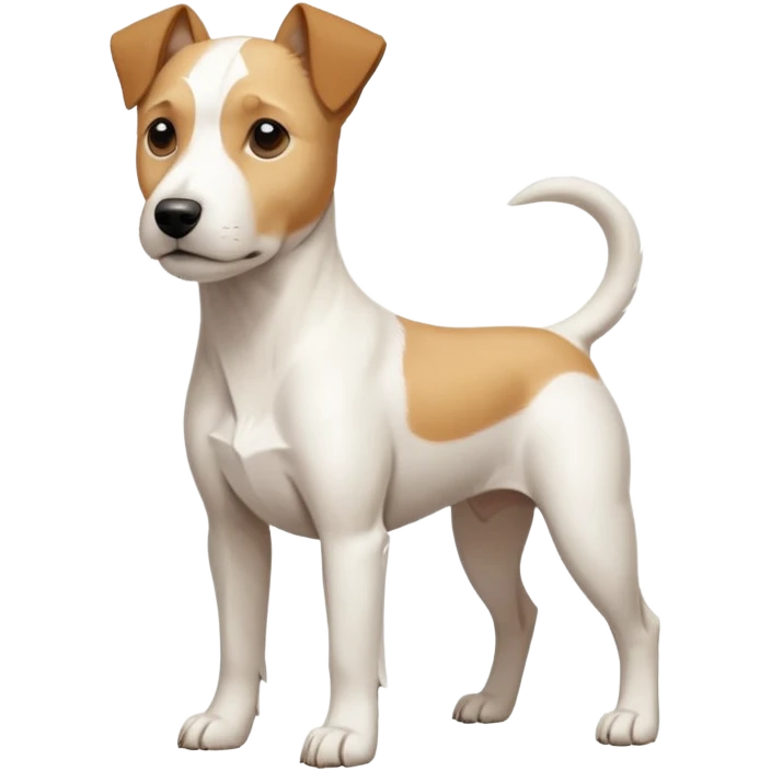 a full body facing front on of a buff white parson russell terrier looking dog the size of a kelpie with light brown long ears resting on its face and a light brown patch on one eye and a large snout. the rest of the dog is completely white.  emoji