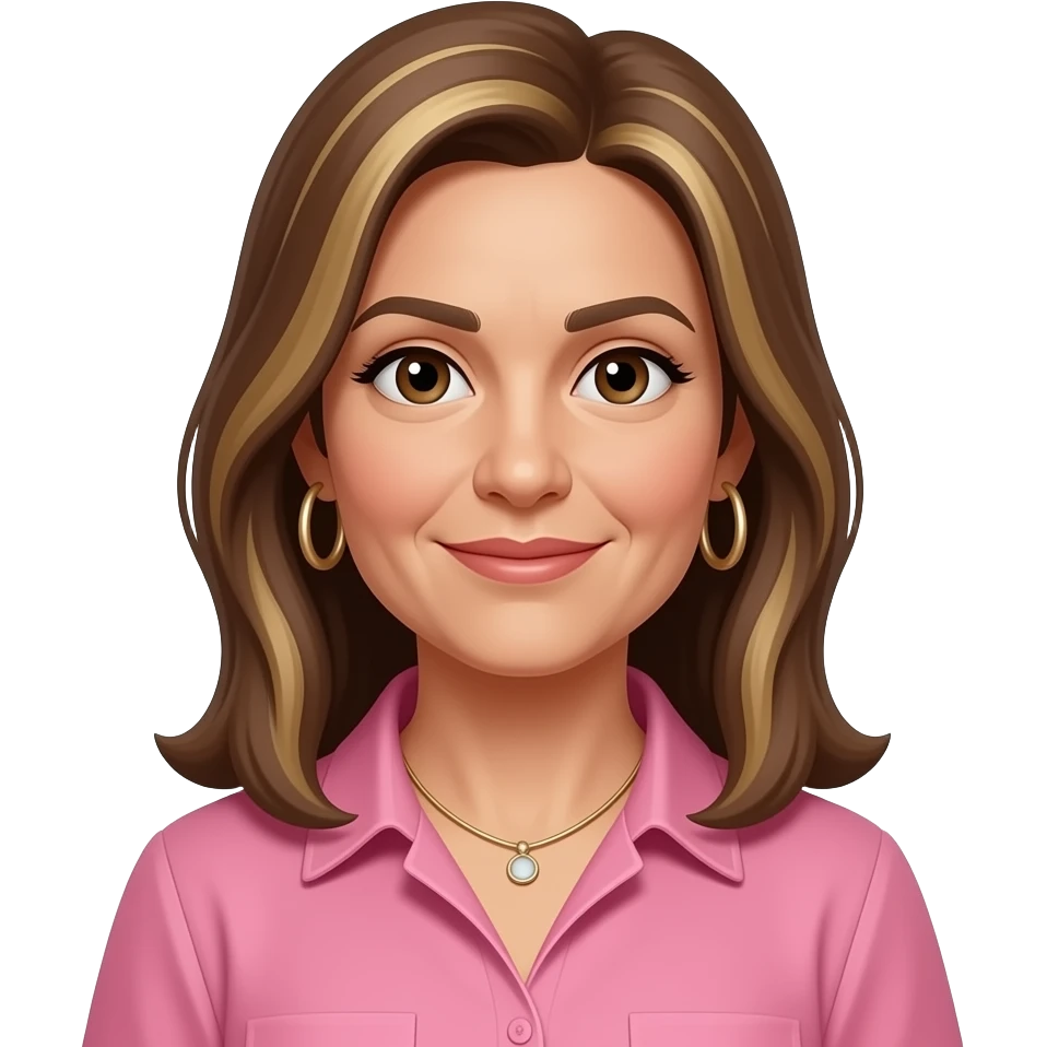 woman in early 50s, italian looking with olive skin,with dark brown eyes, long straight brown hair to past the shoulders, with blonde highlights and side parting, all one length. Wearing  a pink shirt with hoop earrings and a necklace. emoji
