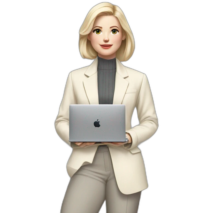 pale skin woman with ash blonde Straightened bob Hair, White Spacious classical jacket, beige palazzo Arrow pants and gray blouse holding a MacBook in the hands emoji