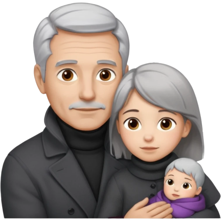 A father with silver-grey hair styled neatly and a clean-shaven face, wearing a dark turtleneck and wool coat, holding his girl child gently.  emoji
