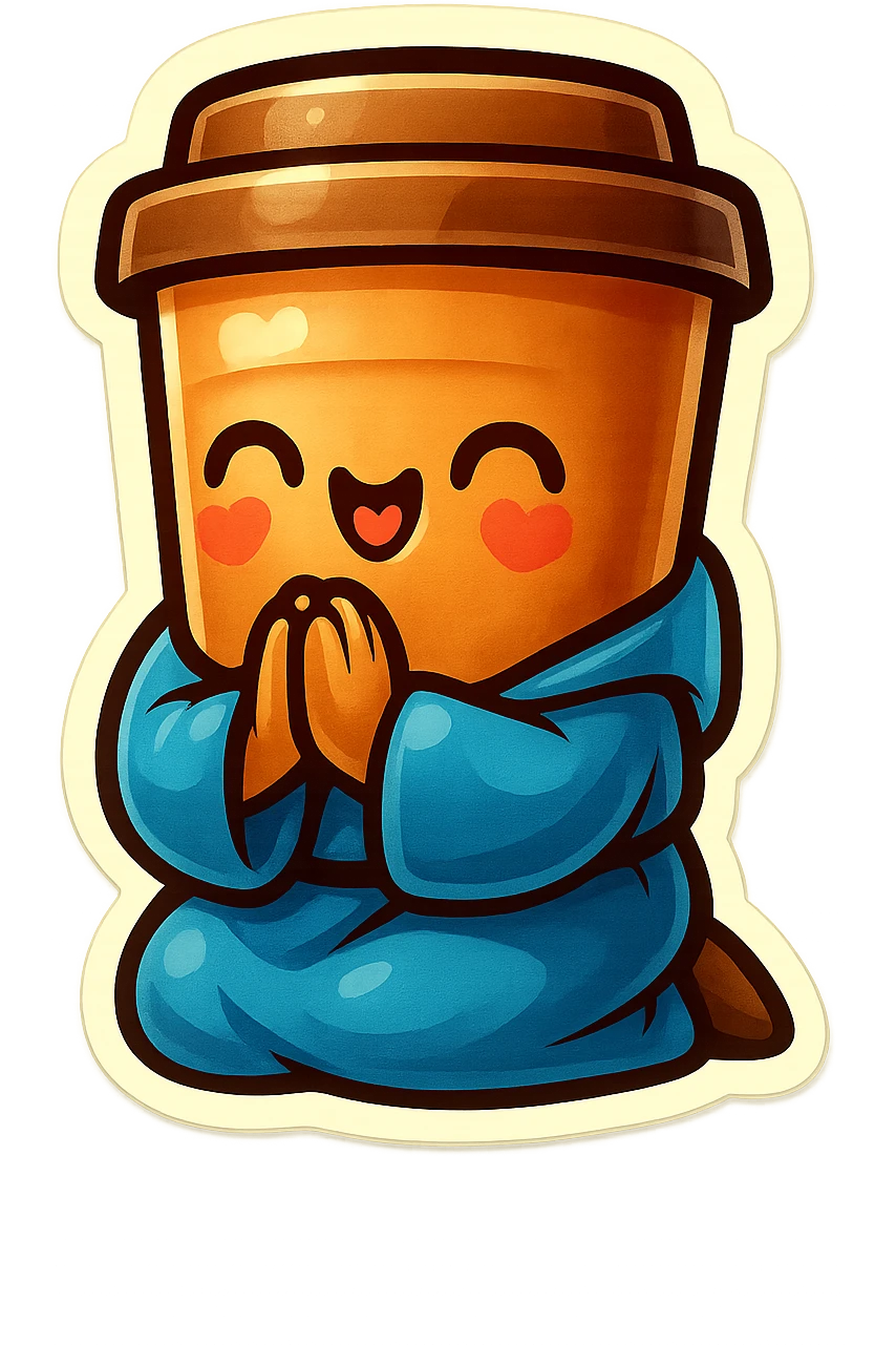 Tall coffee cup, bowing on knees, gushing with love, worship, wearing soft blue monk robes emoji